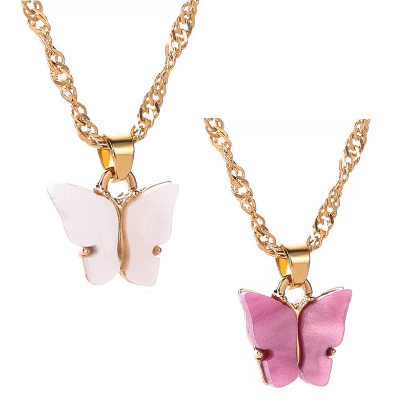 Combo of 2 Lovely Gold Plated White and Rosepink Mariposa Pendant Necklace