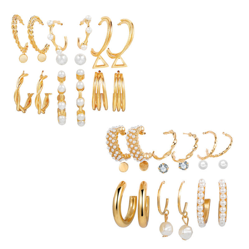 Combo of 18 Pair Stylish Gold Plated Studs and Pearl Hoop Earrings