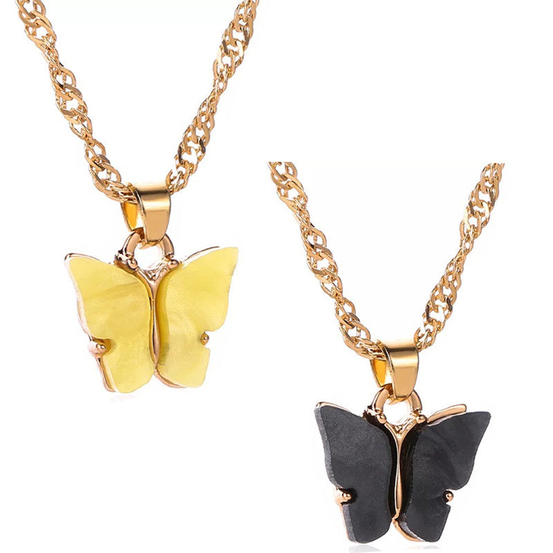 Combo of 2 Stylish Gold Plated Black and Yellow Mariposa Pendant Necklace