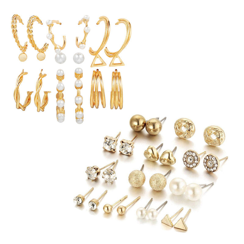 Combo of 21 Pair Stunning Gold Plated Studded Pearl Studs and Hoop Earrings