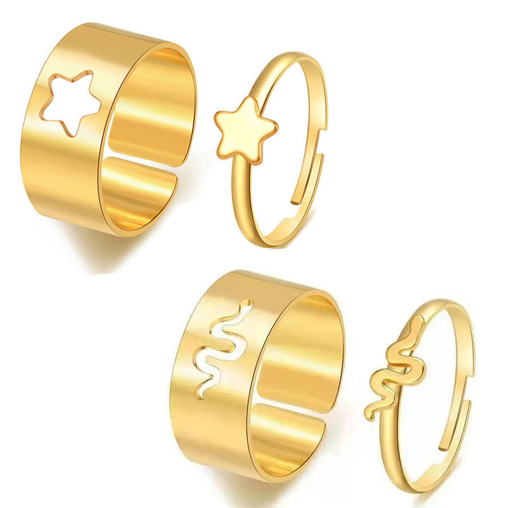 Combo of 2 Splendid Gold Plated Star and Snake Couple Ring For Men and Women