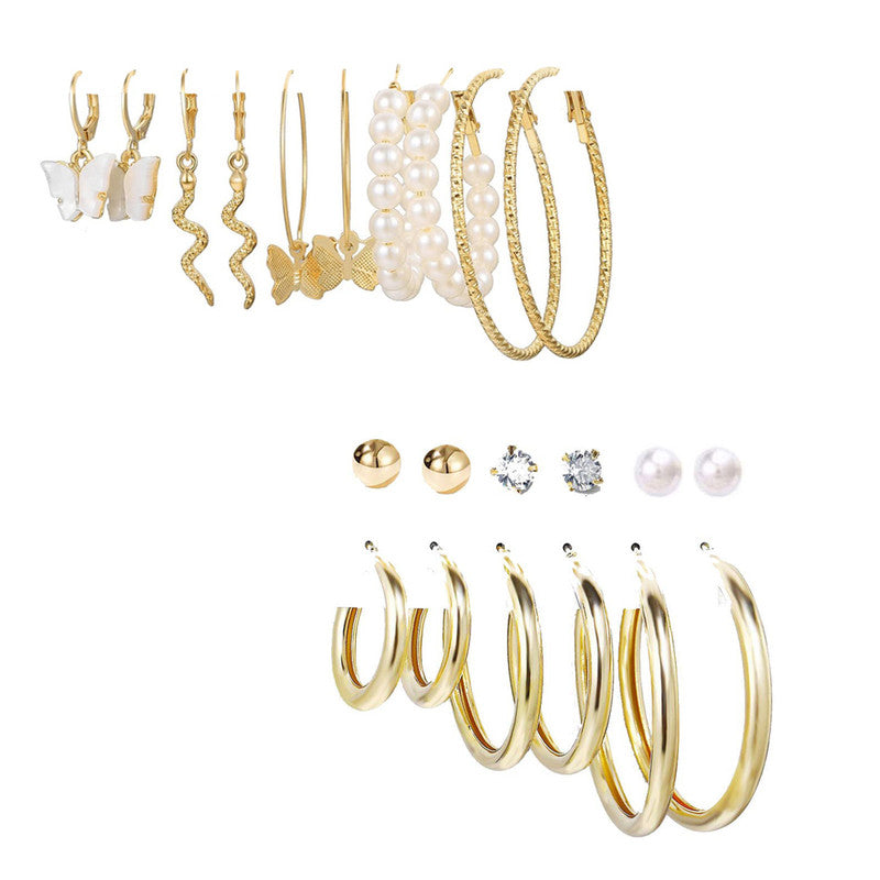 Combo of 11 Pair Lavish Gold Plated Pearl Crystal Studs and big Hoop Earrings