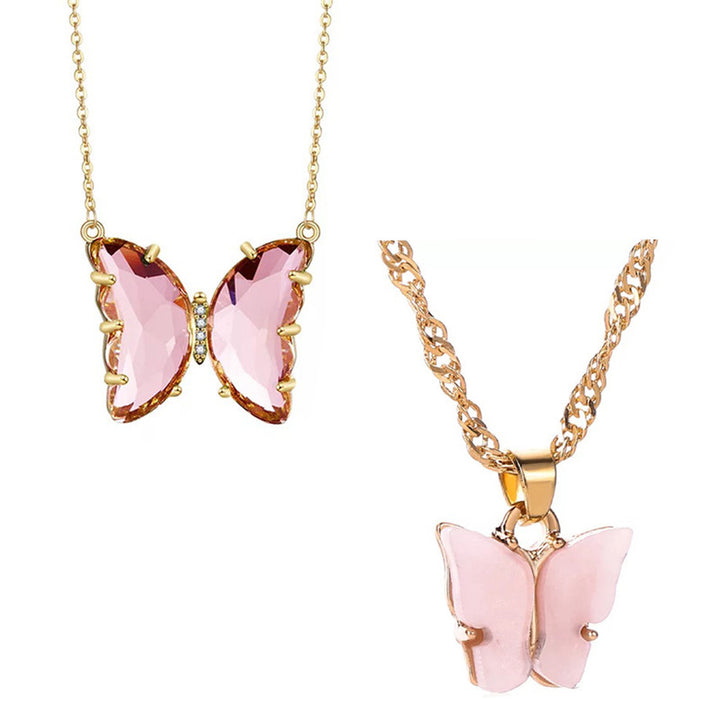 Combo of 2 Gold Plated Pink Crystal and Mariposa Butterfly Pendant Necklace