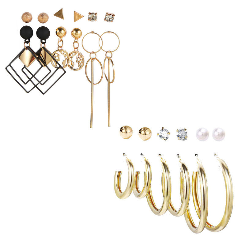 Combo of 12 Pair Lavish Gold Plated Pearl Crystal Studs and big Hoop Earrings
