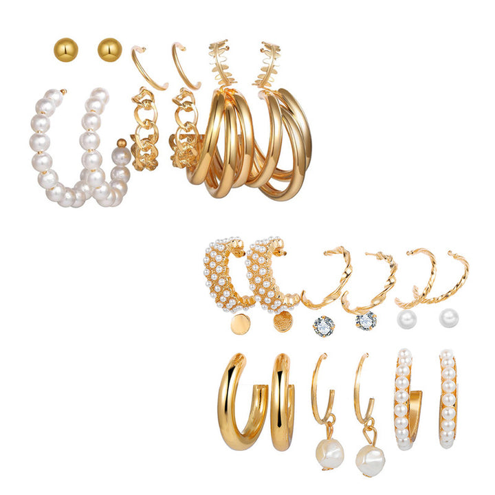 Combo of 15 Pair Stylish Gold Plated Studs and Pearl Hoop Earrings