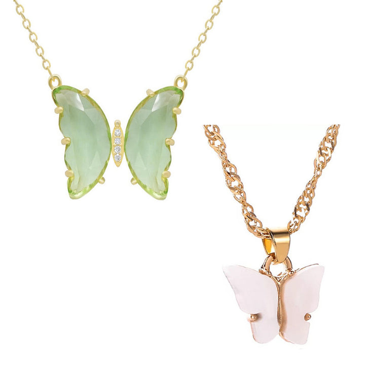 Combo of 2 Stylish Green Crystal and White Mariposa Butterfly Pendant Necklace