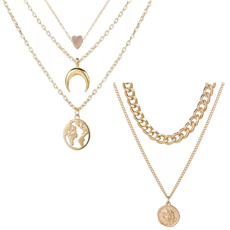 Combo of 2 Stylish Gold Plated World and Coin Pendant Necklace