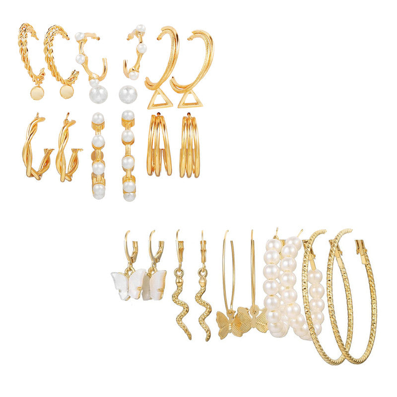 Combo of 14 Pair Gold Plated Pearl Hoop, Drop, Hoop and Studs Earrings