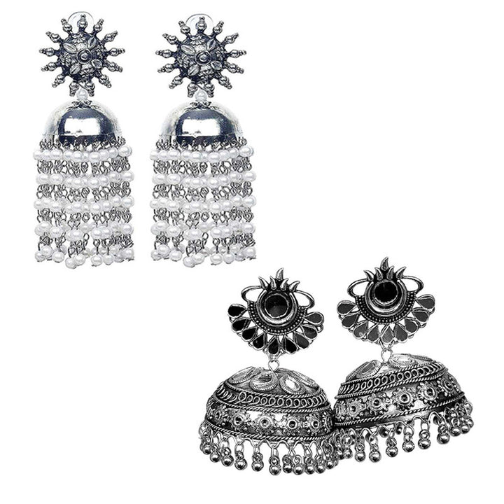 Combo of 2 Traditional Oxidized Black Silver Big Mirror Jhumki Earrings