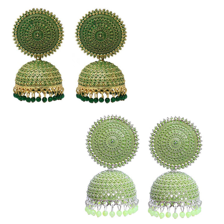 Combo of 2 Attractive Seagreen and Dark Green Pearls Drop Dome Shape Jhumki Earrings