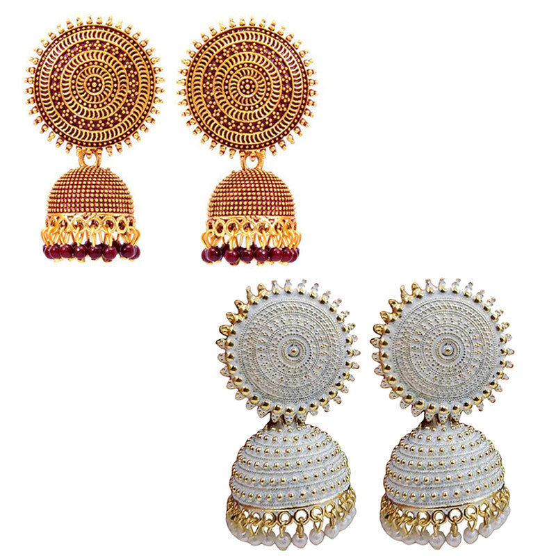 Combo of 2 Trendy White and Maroon Pearls Drop Dome Shape Jhumki Earrings