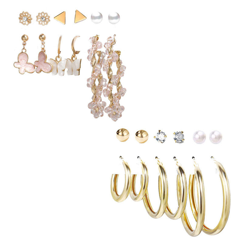Combo of 12 Pair Enamelled Gold Plated Pearl Crystal Studs and big Hoop Earrings