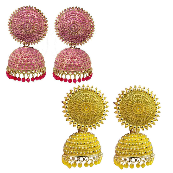 Combo of 2 Stunning Yellow and Pink Pearls Drop Dome Shape Jhumki Earrings