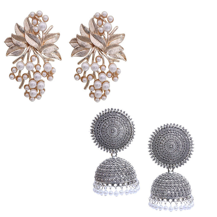 Combo of 2 Stylish Pearl stud Earrings and Flower Pearl Stud Earrings