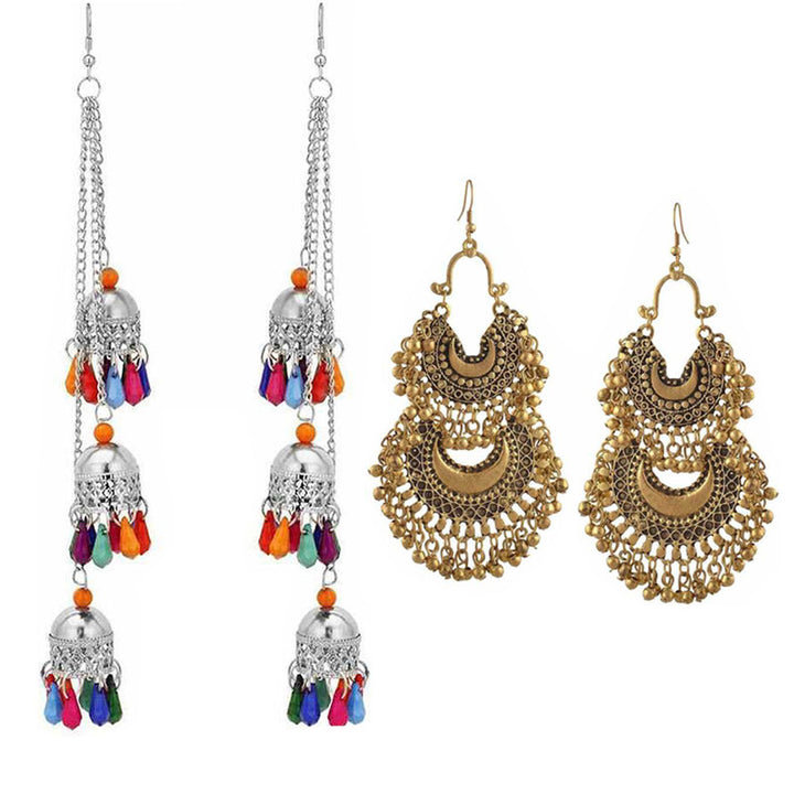Combo of 2 Trending Double Layer Chandbali and Multicolor layered Ghungroo Earrings