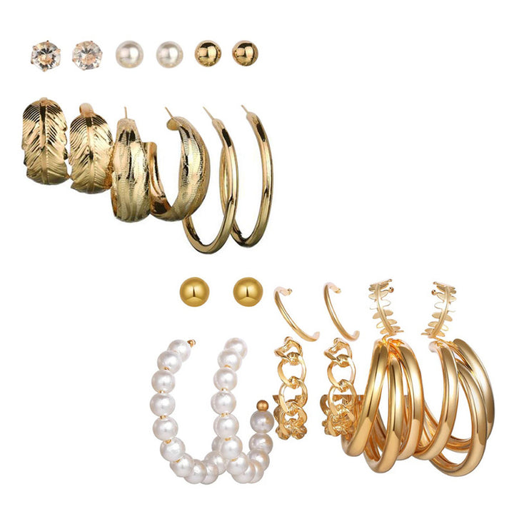 Combo of 12 Pair Stylish Gold Plated Chain & Pearl Hoop, Hoop and Studs Earrings