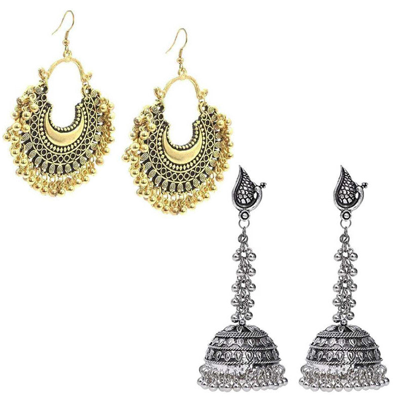 Combo of 2 Chandelier Peacock Design Jhumka and Golden Chandbali Earrings