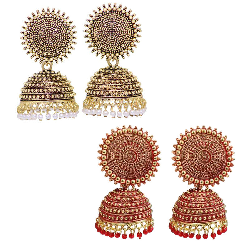 Combo of 2 Attractive Red and Golden Pearls Drop Dome Shape Jhumki Earrings