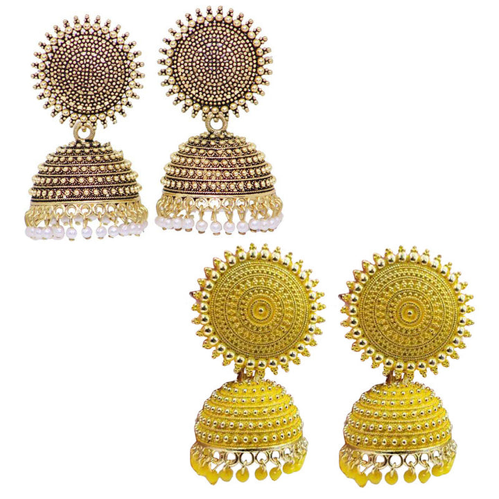Combo of 2 Pretty Yellow and Golden Pearls Drop Dome Shape Jhumki Earrings