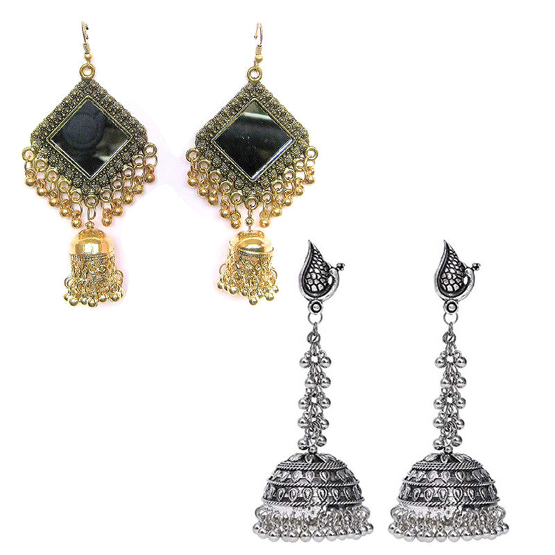 Combo of 2 Stylish Peacock Design Jhumka and Square Mirror with Beads Earrings