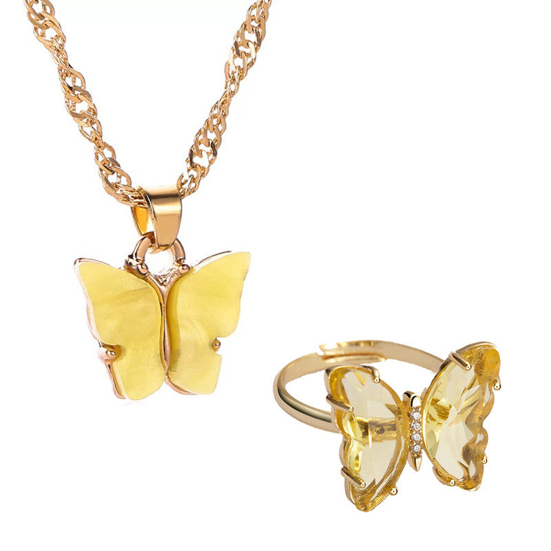 Vembley Combo Of Stylish Gold Plated Mariposa Necklace with Crystal Butterfly Ring