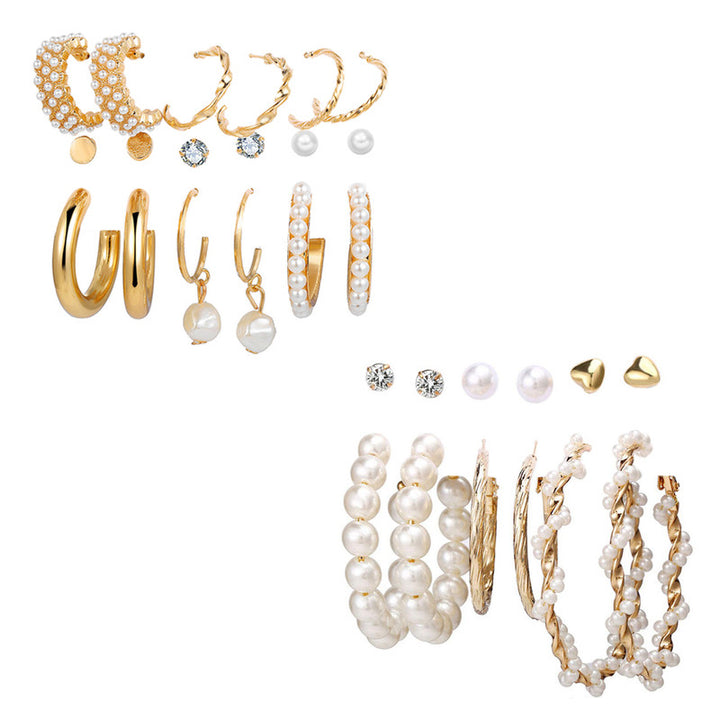 Combo of 15 Pair Trendy Gold Plated Pearl Crystal Heart Studs and Hoop Earrings