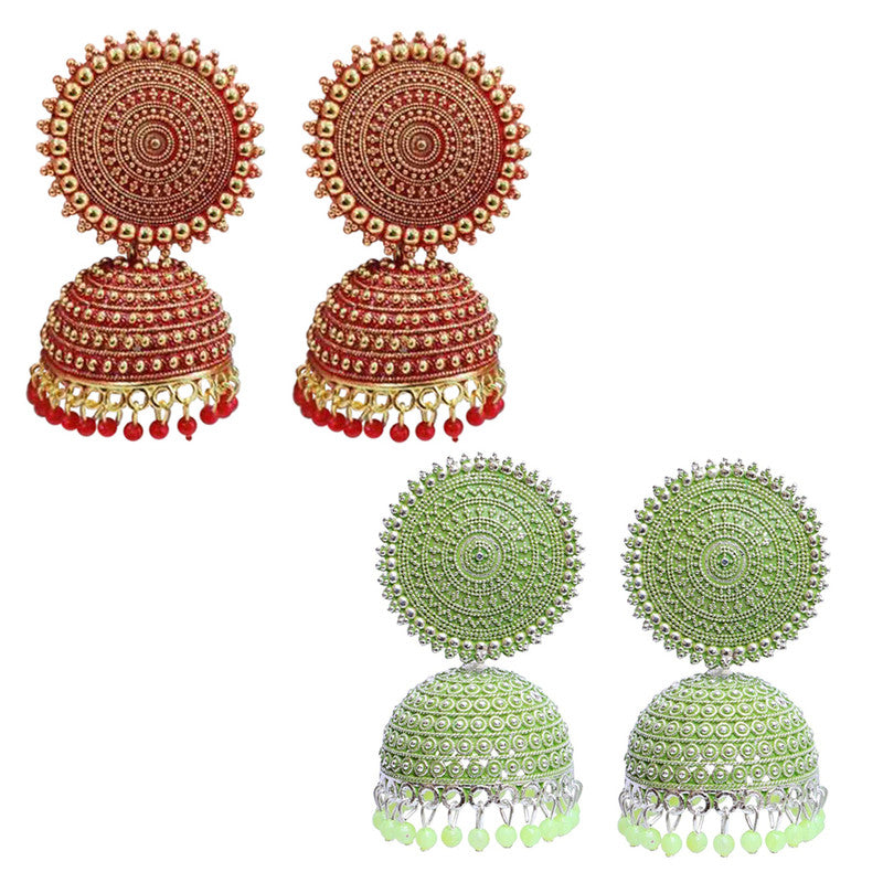 Combo of 2 Enamelled Seagreen and Red Pearls Drop Dome Shape Jhumki Earrings