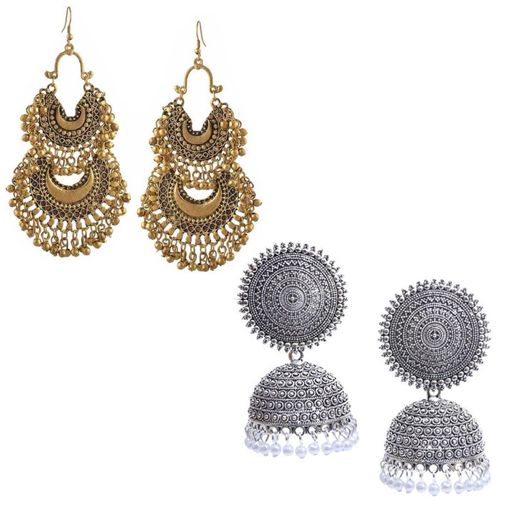Combo of 2 Pearl stud and Double Layer Chandbali Earrings For Women