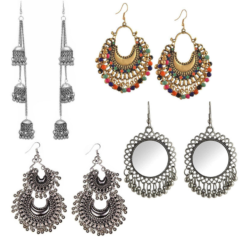Combo of 4 Tradiional Golden and  Silver Mirror and hanging Jhumki Earrings