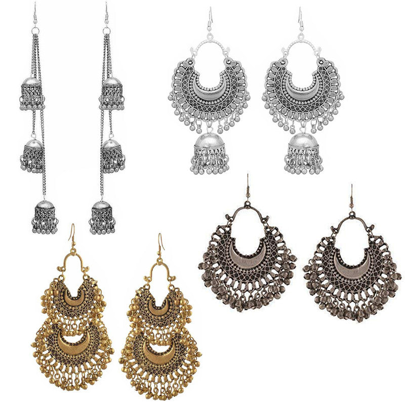 Combo of 4 Classic Golden and Silver layered and hanging Chandbali Jhumki Earrings