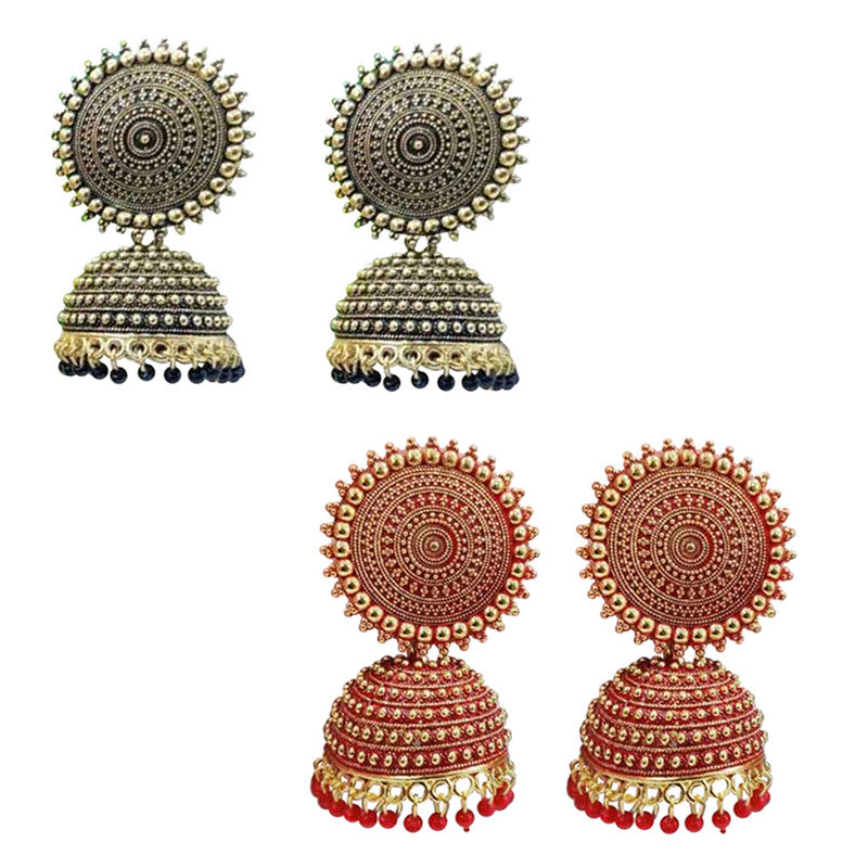 Combo of 2 Traditional Red and Black Pearls Drop Dome Shape Jhumki Earrings