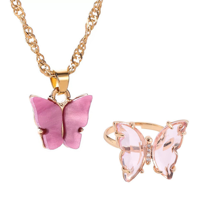 Vembley Combo Of Attractive Gold Plated Mariposa Necklace with Crystal Butterfly Ring