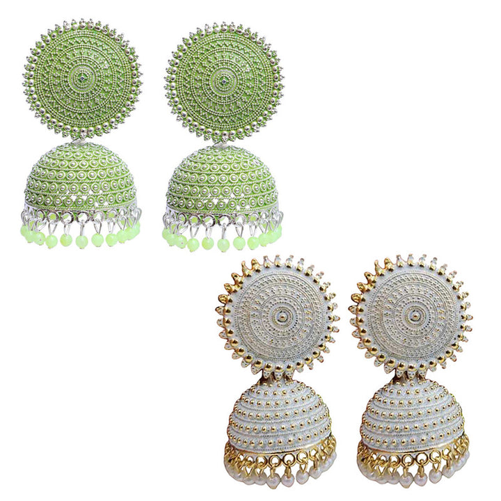 Combo of 2 Pretty White and Seagreen Pearls Drop Dome Shape Jhumki Earrings