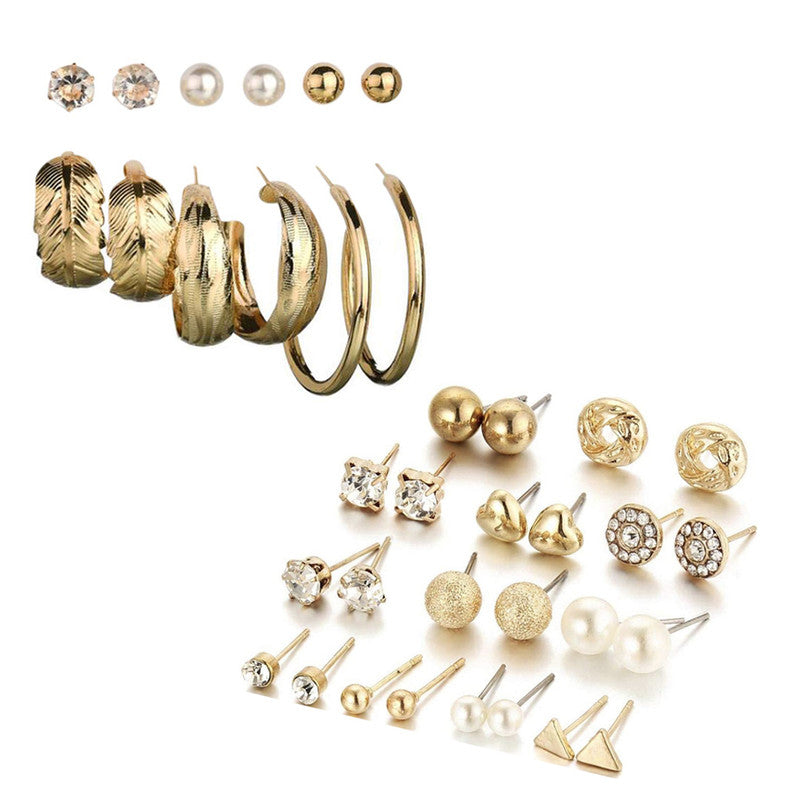 Combo of 18 Pair Trendy Gold Plated Studded Pearl Studs and Hoop Earrings