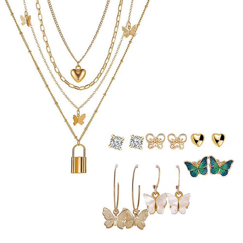 Vembley Combo Of Triple Layered Heart Lock and Butterfly Pendant Necklace With Earrings Set For Women and Girls