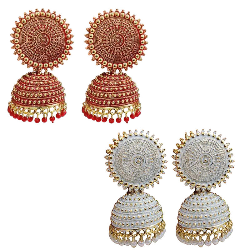 Combo of 2 Lavish White and Red Pearls Drop Dome Shape Jhumki Earrings