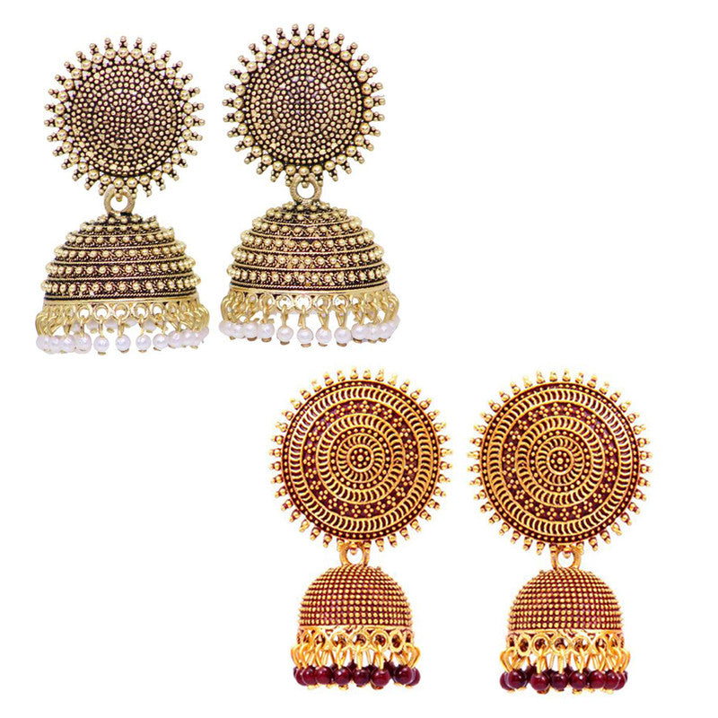 Combo of 2 Traditional Maroon and Golden Pearls Drop Dome Shape Jhumki Earrings