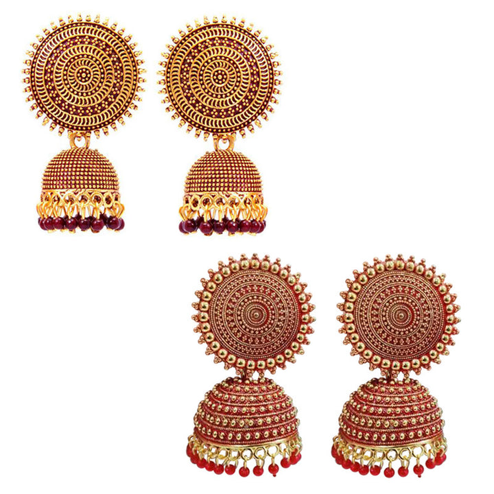 Combo of 2 Enamelled Red and Maroon Pearls Drop Dome Shape Jhumki Earrings