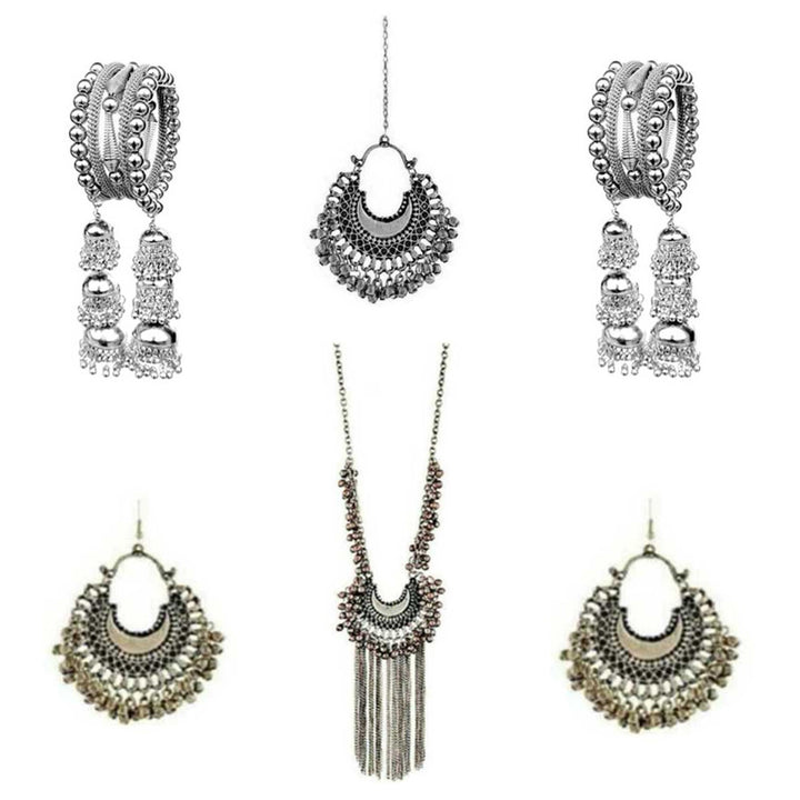 Vembley Combo of Silver Jewelry Set With Mang Tikka and Hanging Bangle Bracelet for women and Girls
