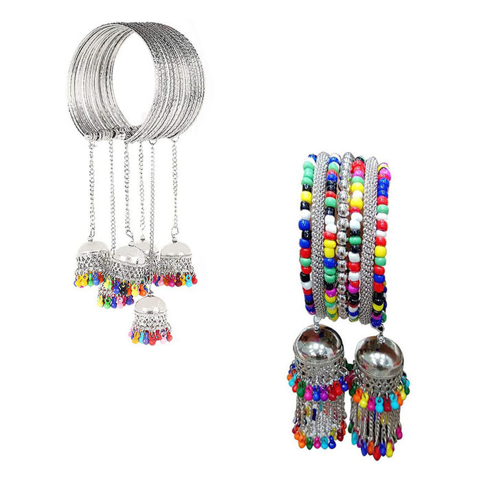 Vembley Combo of 2 Traditional Silver Bangle Bracelet with Multicolor Beads Hanging Jhumki