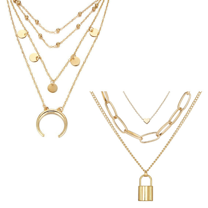 Combo of 2 Trendy Gold Plated Layered Heart Lock and Half Moon Pendant Necklace