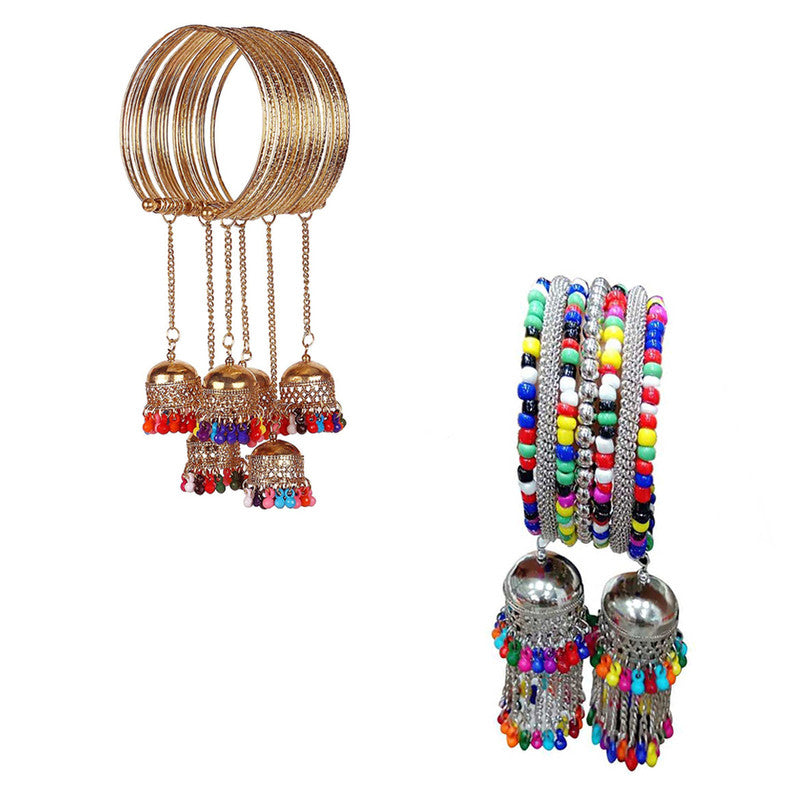 Vembley Combo of 2 Trendy Golden and Silver Bangle Bracelet with Multicolor Beads Hanging Jhumki