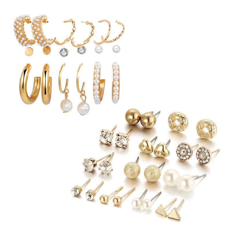 Combo of 21 Pair Stylish Gold Plated Studded Pearl Studs and Hoop Earrings
