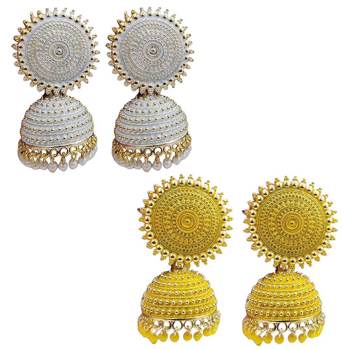 Combo of 2 Attractive Yellow and White Pearls Drop Dome Shape Jhumki Earrings