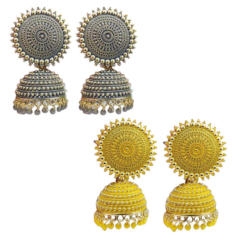 Combo of 2 Pretty Yellow and Grey Pearls Drop Dome Shape Jhumki Earrings