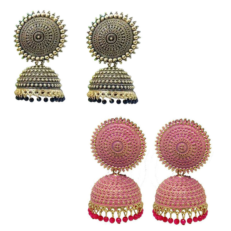 Combo of 2 Pretty Pink and Black Pearls Drop Dome Shape Jhumki Earrings