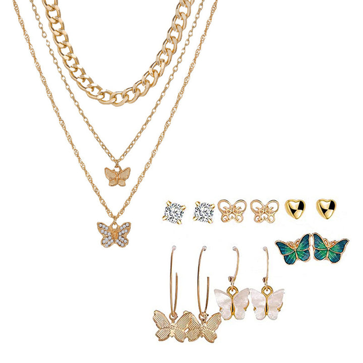Vembley Combo Of Gold Triple Layered Studded Butterfly Pendant Necklace With Earrings Set For Women and Girls