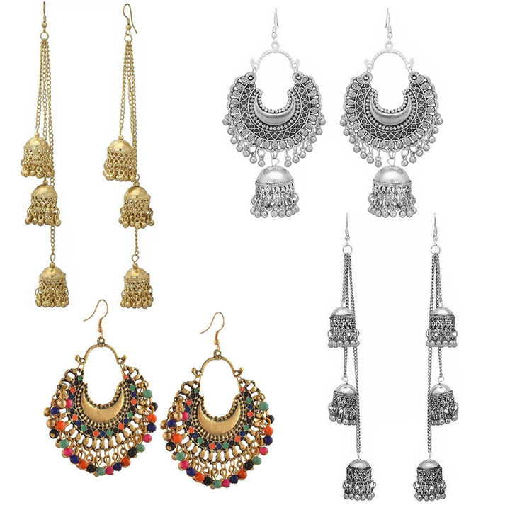 Combo of 4Oxidized layared Beads Hanging Jhumki Earrings