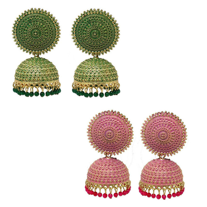 Combo of 2 Stunning Pink and Dark Green Pearls Drop Dome Shape Jhumki Earrings