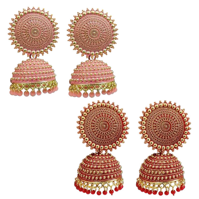 Combo of 2 Traditional Red and Peach Pearls Drop Dome Shape Jhumki Earrings